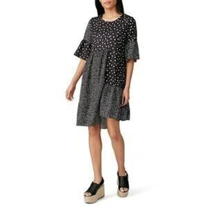 CAARA Black Polka Dot Print Tiered Dress Flounce Short‎ Sleeve Size Small